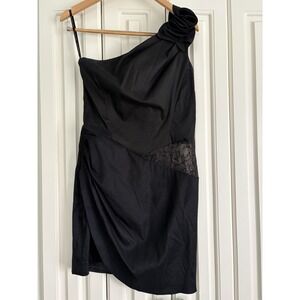Jessica McClintock Dress Black Sheer Lace Ruching One Shoulder Size 12 HOCO